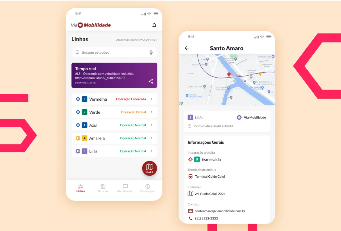 Imagens do aplicativo de Via Mobilidade mostrando a situação das linhas do metro